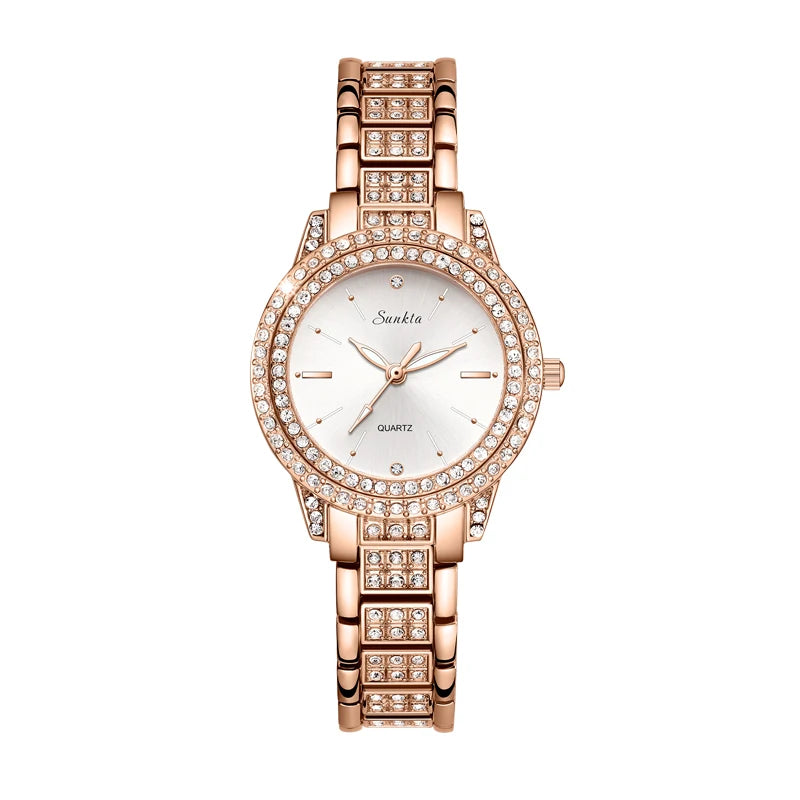 SUNKTA Women Wristwatches Relojes Para Mujer Luxury Classic Golden Watch Women Alloy Strap Round Rhinestone Dail Quartz Watches