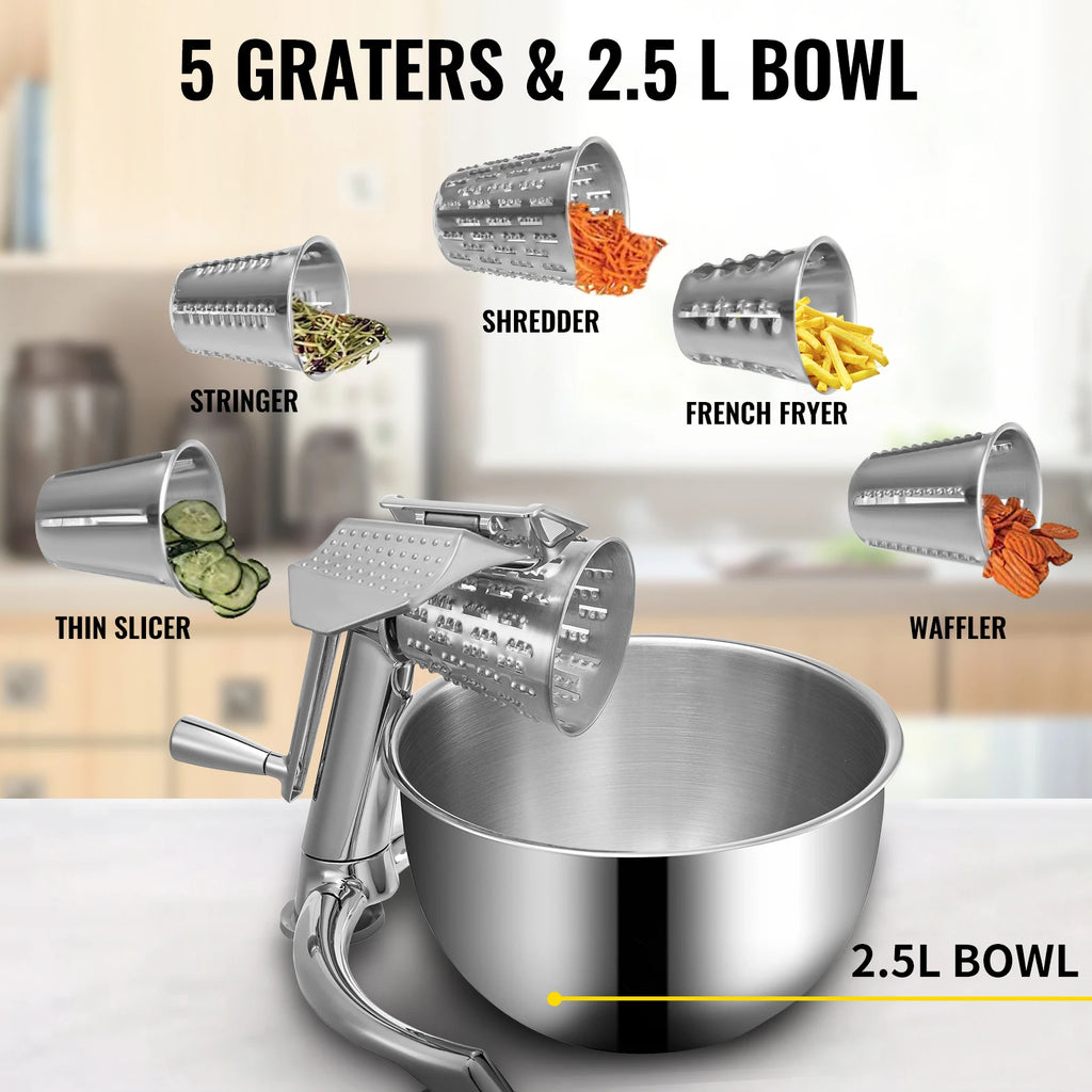 SucceBuy Rotary Cheese Grater w/ U-Shaped Base 2.5L Bowl Round Multifunctional Mandoline Slicer Vegetable Potato Kitchen Gadgets