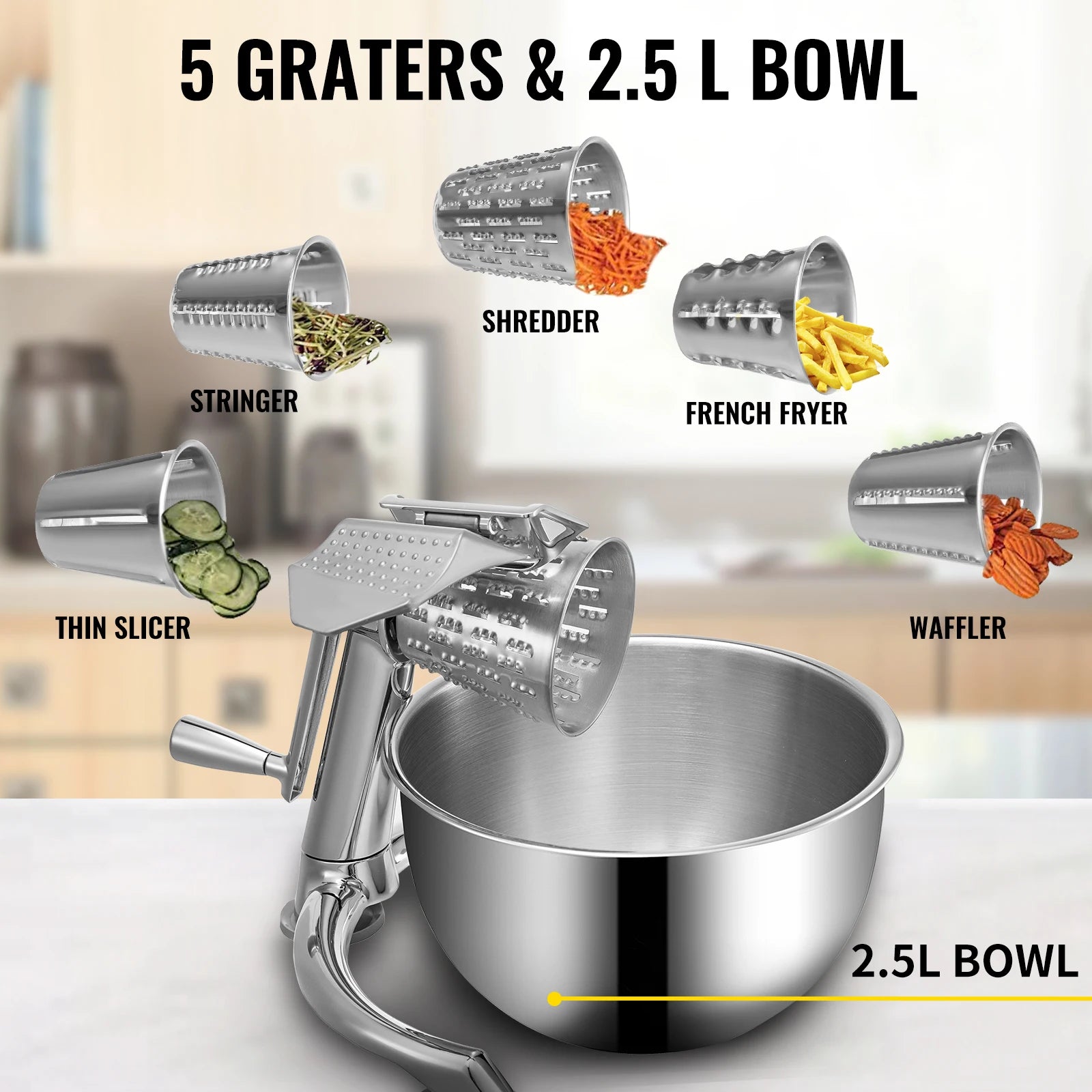SucceBuy Rotary Cheese Grater w/ U-Shaped Base 2.5L Bowl Round Multifunctional Mandoline Slicer Vegetable Potato Kitchen Gadgets