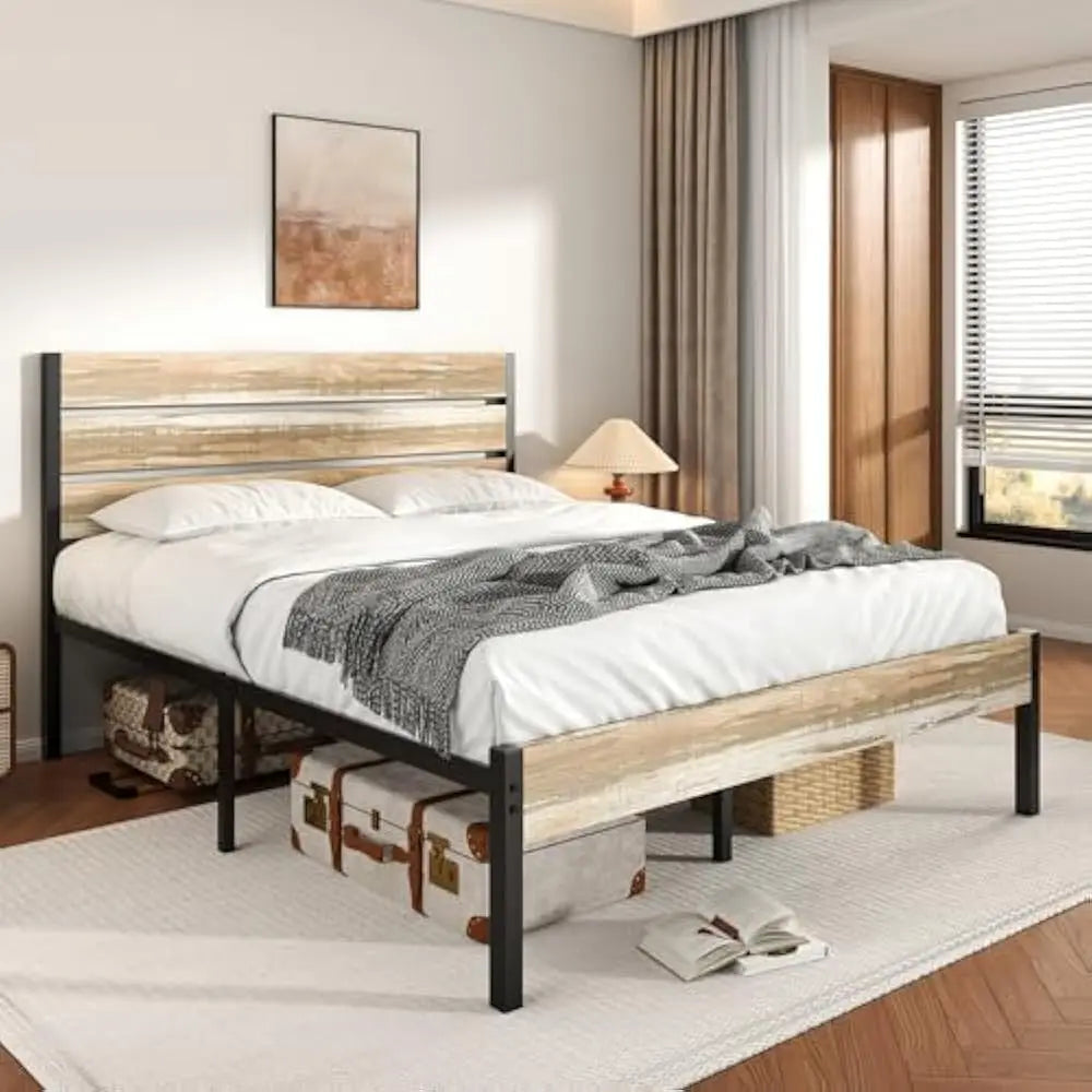 14 Inch Queen Size Bed Frame w/Wood Headboard and Foot board, Platform Mattress Foundation, No Box Spring Needed, Easy Assembly