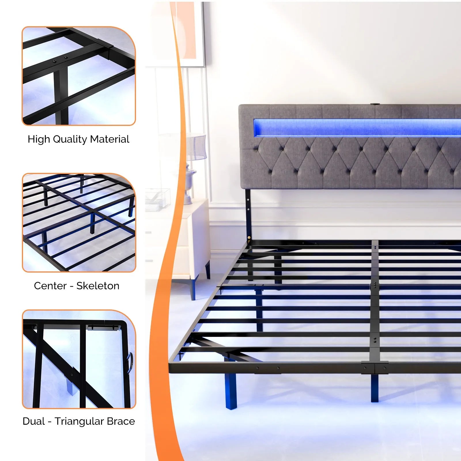 Twin Floating Bed Frame with Upholstered Headboard Charging Station/LED Lights