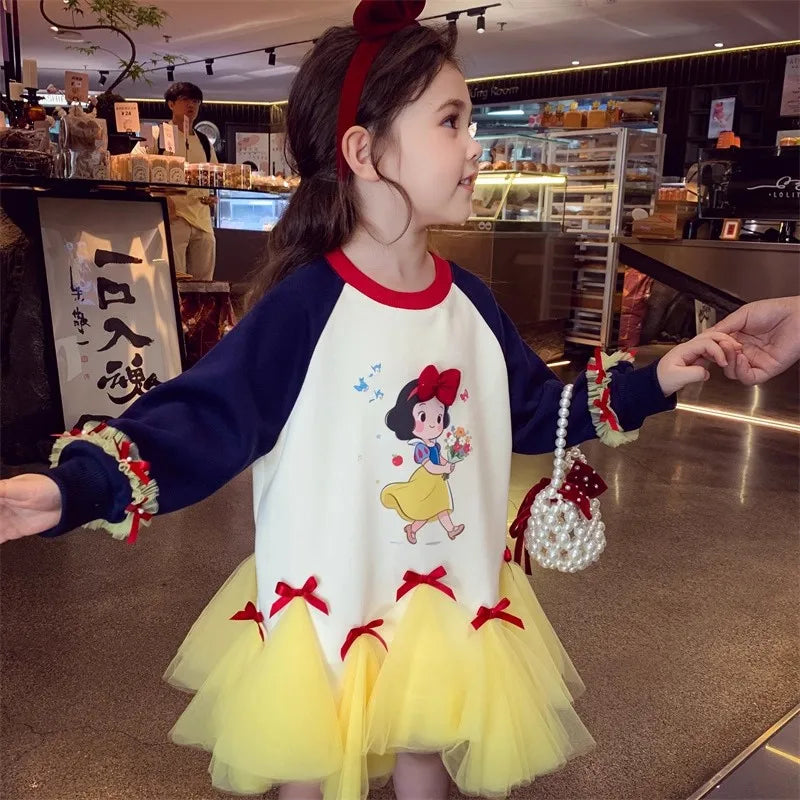 Girl's Fall/Winter Sweatshirt Long Sleeve Princess Elsa Snow White Cartoon Print Tulle Skirt Casual Hoodie Dress 2-12 Years Old