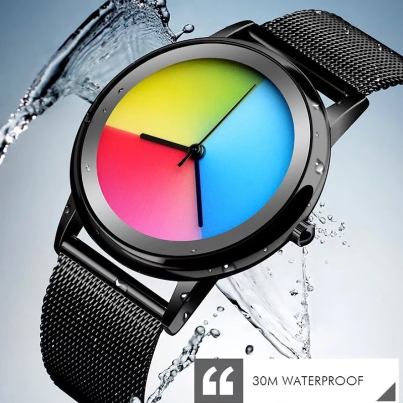 New Unique Women Watch Fashion Casual Colorful Changing Dial Quartz Wriswatch Simple Ultrathin Steel Lady Watches Special Gift