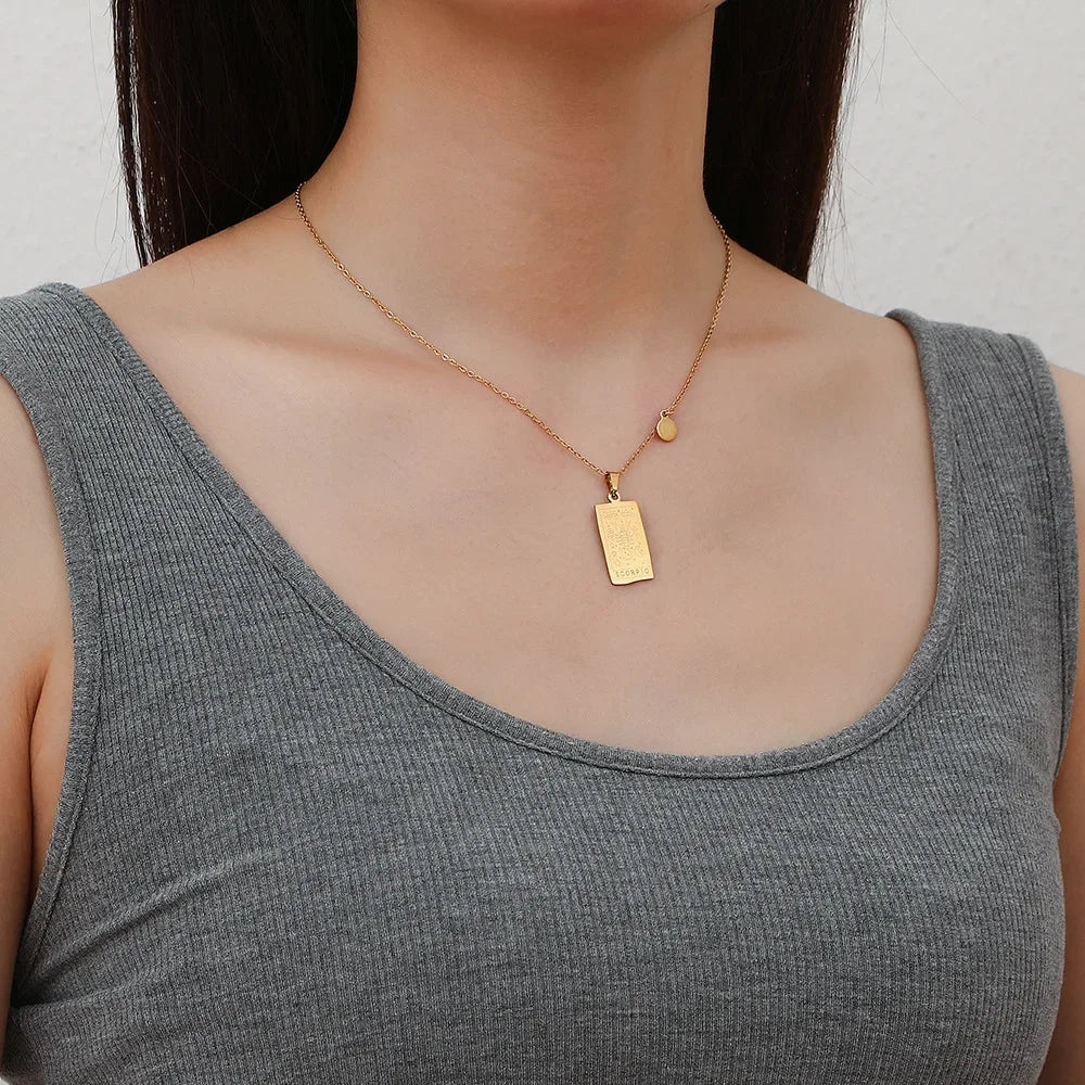 Stainless Steel Square Tarot Card Pendant Women Necklace Twelve Constellations Gold-Plated Clavicle Chain Horoscope Gifts