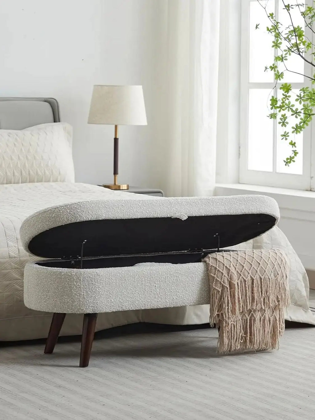 43.8" Boucle Storage Ottoman Bench, 300 Lb Capacity, Upholstered, Safety Hinge, Flip-Top Oval Foot Rest With Wood Legs