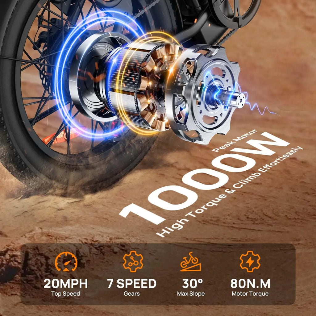 745W 20x3" Fat Tire Electric Bike 48V 13Ah Removable Battery 20MPH 7-Speed Gears Dual Disc Brakes Adult Moped for Off-Road City