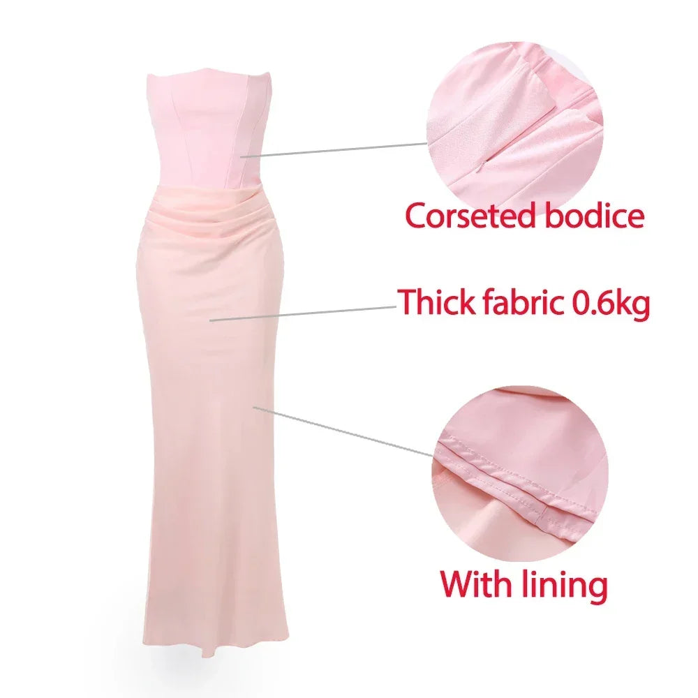 2025 Women's Evening Dress Strapless Pink Prom Party Dresses  Satin Long Corset Dress Elegant Maxi Gala Dresses