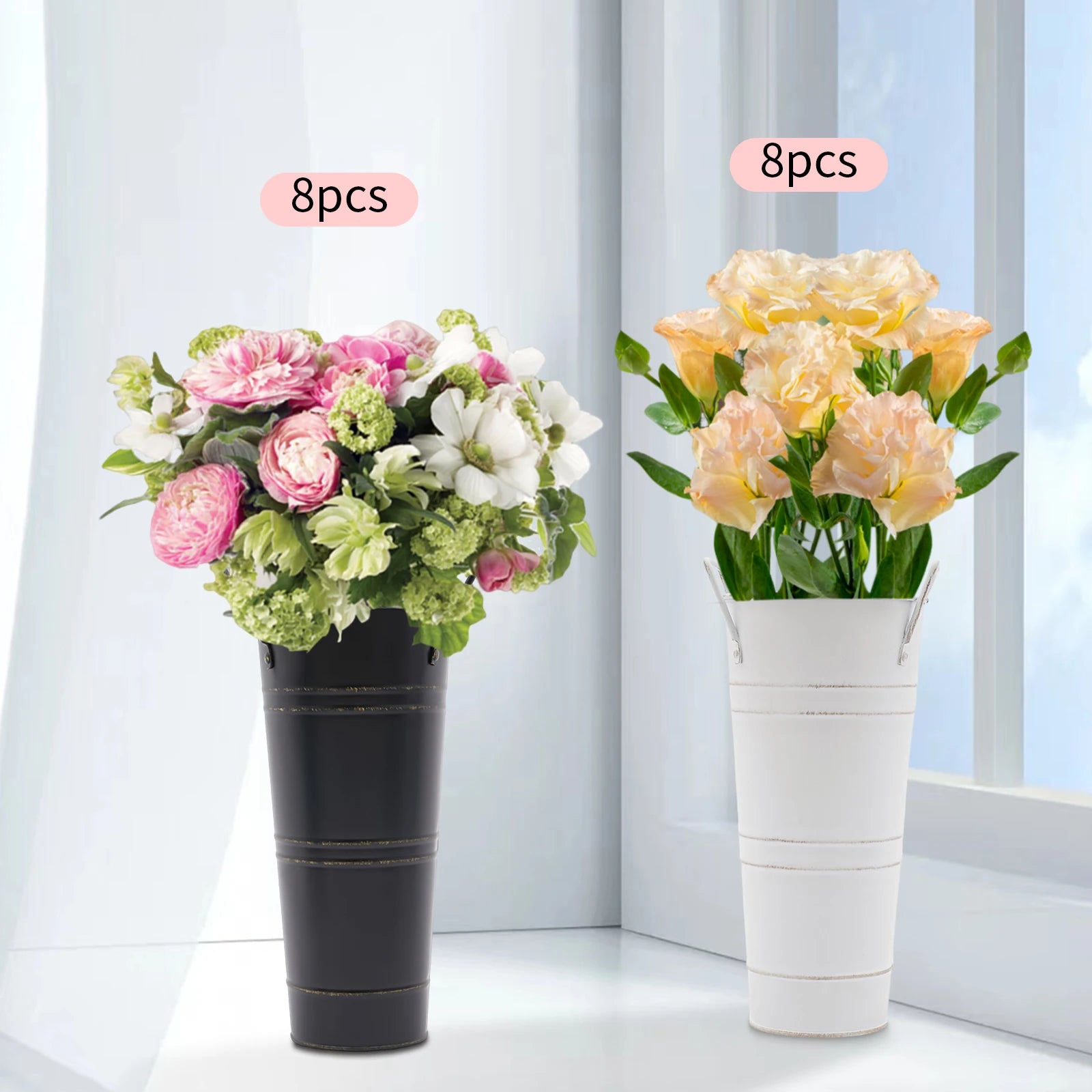 8PCS Black/White Galvanized Metal Flower Bucket Vases Metal Vases, Flower Vases For Flower Arrangements, Fresh/Dried Flowers