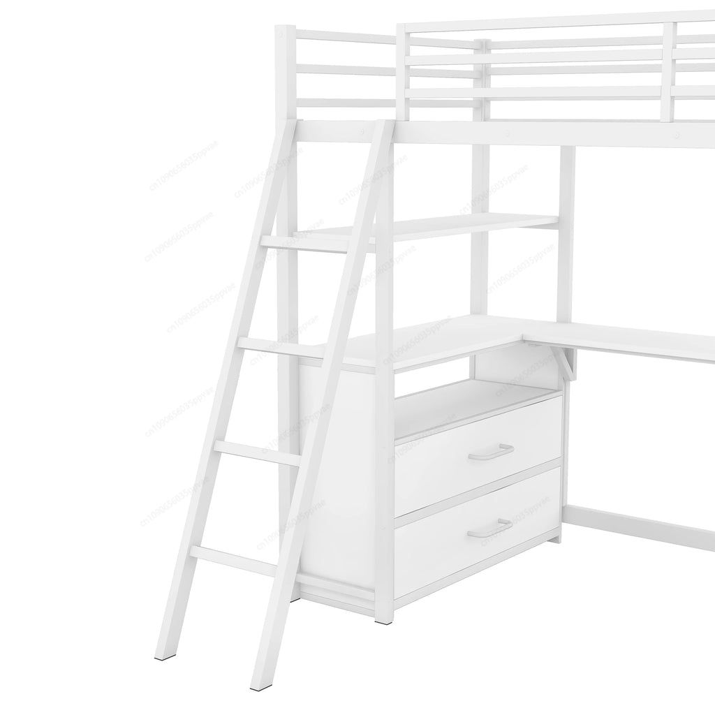 Twin Size Metal&Wood Loft Bed with Desk and Shelves, Two Built-in Drawers,  White ,Blak,Oak Natural Immediate delivery from US