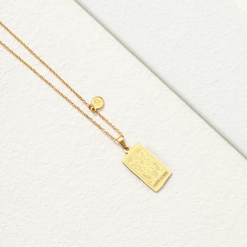 Stainless Steel Square Tarot Card Pendant Women Necklace Twelve Constellations Gold-Plated Clavicle Chain Horoscope Gifts