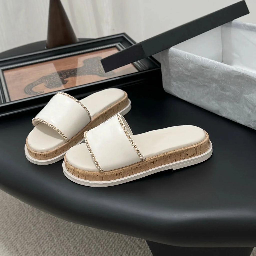 Shoes Women Size34-41 Genuine Leather Flip-Flops Low Heels Slippers Pearl Chain Summer Slides Designer Shoes Zapatillas De Mujer