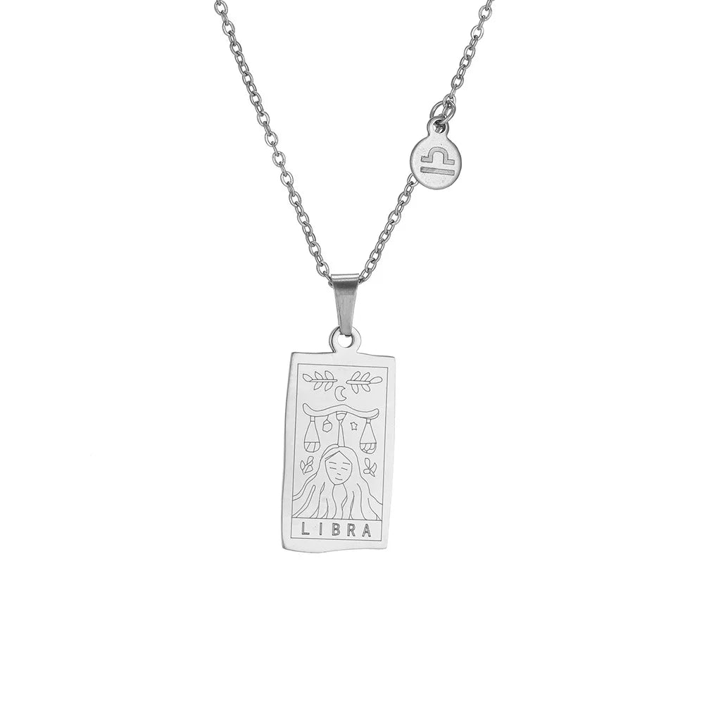 Stainless Steel Square Tarot Card Pendant Women Necklace Twelve Constellations Gold-Plated Clavicle Chain Horoscope Gifts