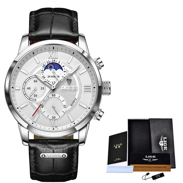 2025 New Mens Watches LIGE Top Brand Leather Chronograph Waterproof Sport Automatic Date Quartz Watch For Men Relogio Masculino