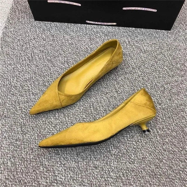 2025 New Comfortable Low 3-5 cm Heels Women's Working Shoes Leather Shallow French Style Thin Heeled Pumps For Office Casual