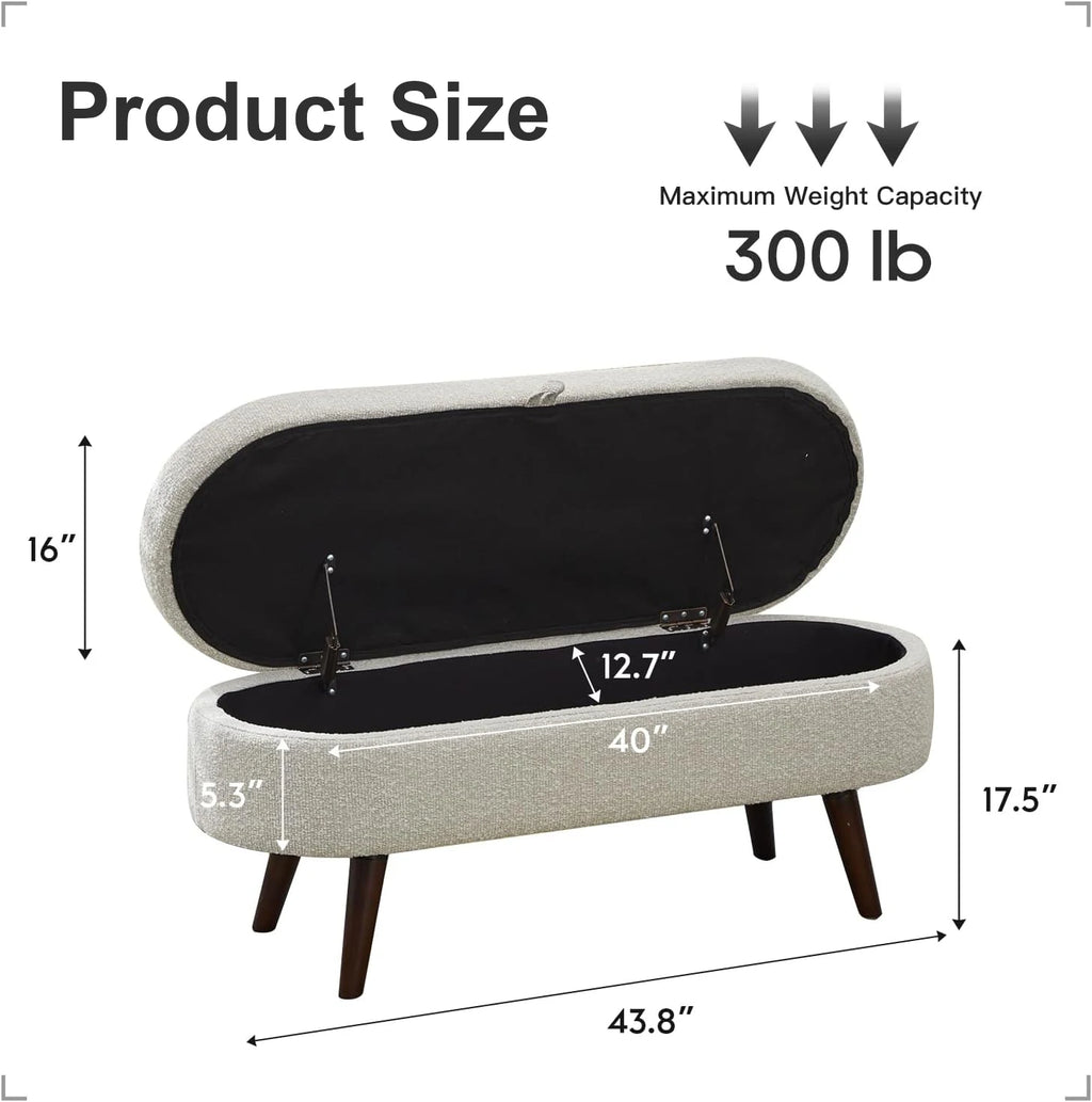 43.8" Boucle Storage Ottoman Bench, 300 Lb Capacity, Upholstered, Safety Hinge, Flip-Top Oval Foot Rest With Wood Legs
