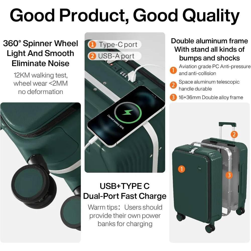 mixi Carry On Luggage with Cup Phone Holder and Charger Hard Shell Suitcases with Spinner Wheels,20 Inch Blackish Green