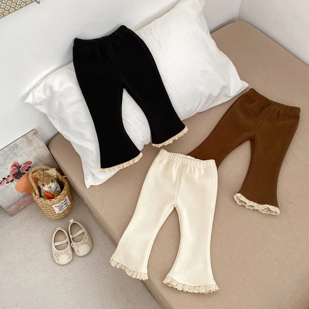 2025 Autumn Collection Girls' Velvet Bellbottom Pants with Western Style Lace Pants, Versatile Warm Baby Girls' Casual Pants