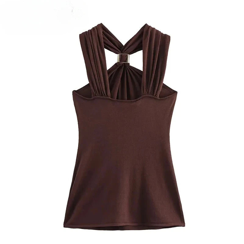 TRAF New Halter Tops Fashion Metal Decoration Crop Top Woman 2025 Sleeveless Hanging Collar Short Tops For Women Sexy Party Top