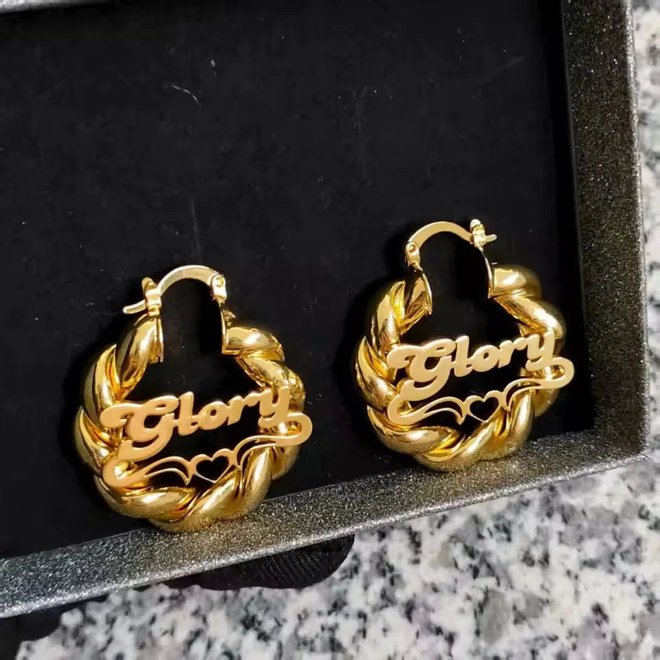 QiCai Custom Wholesale Personalized Name Heart Earrings 30mm Earrings Gold Stainless Steel Earrings Personalized Gift for Girls