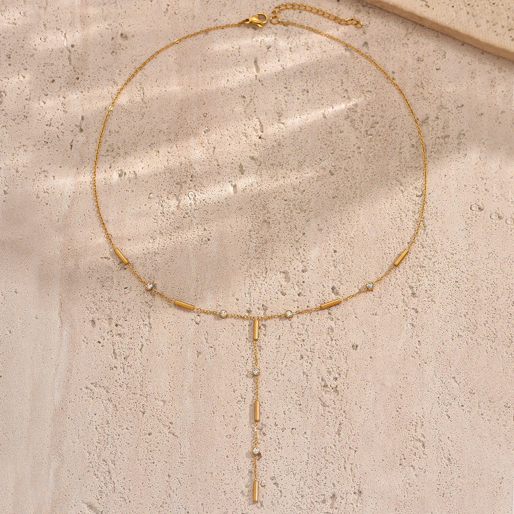 Lxalry 18K Gold Plated Stainless Steel Y Lariat Necklace for Women – Dainty Minimalist Design with Zircon Accents – Waterproof,