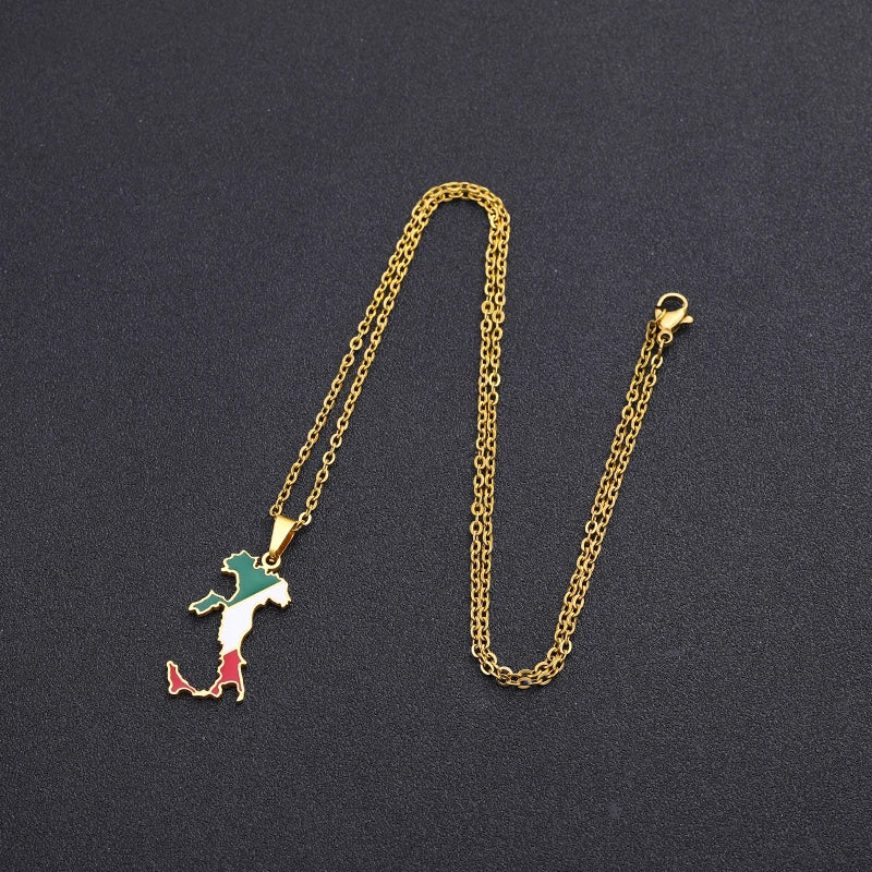 Stainless Steel Italy Map Flag Pendant Necklace Gold Silver Color Men Women Ethnic Map Jewelry Patriotic Gift
