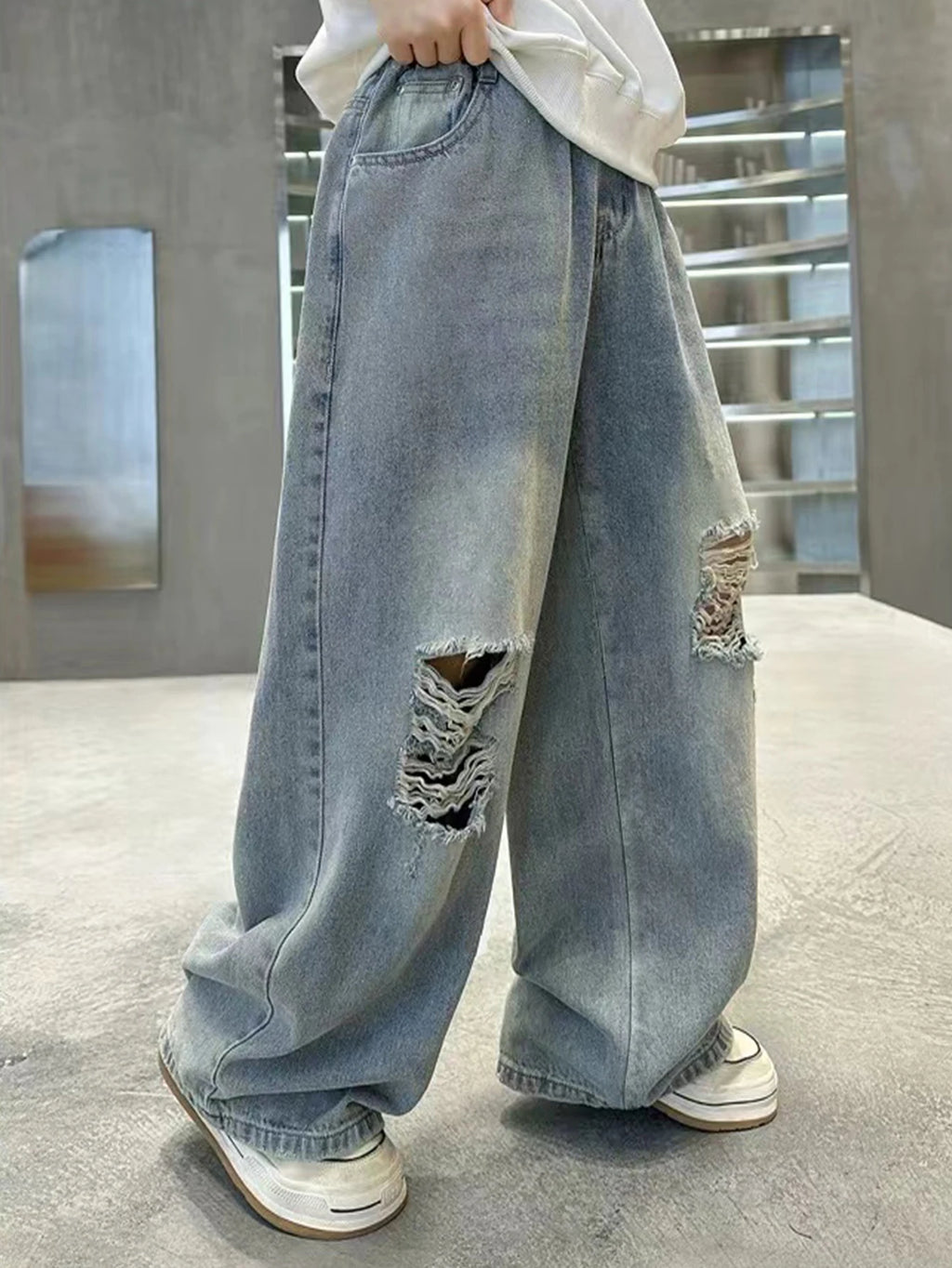 Teenage Versatile Retro Casual Preppy Wide Leg Straight Leg Long Loose Washed Denim Jeans