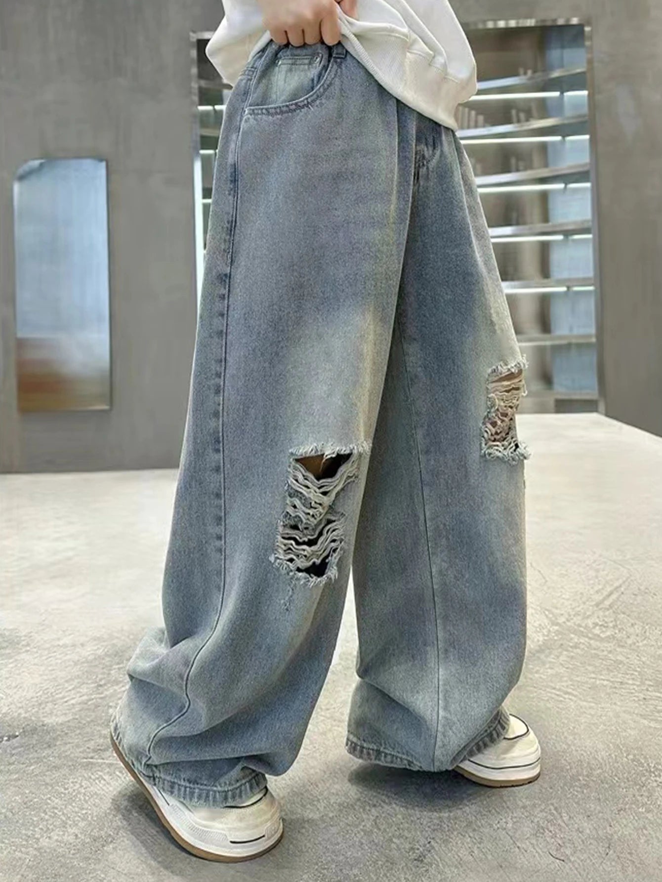 Teenage Versatile Retro Casual Preppy Wide Leg Straight Leg Long Loose Washed Denim Jeans