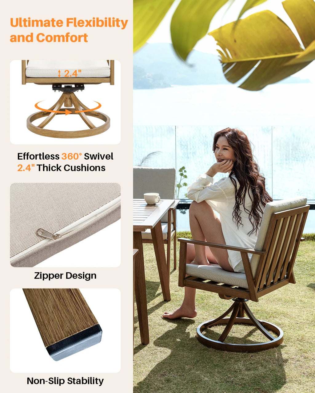 Seehill 9 Pieces Patio Furniture Outdoor Set, Outdoor Aluminum Outdoor Dining Table Set With 2 Swivel Chairs For Deck, Teak