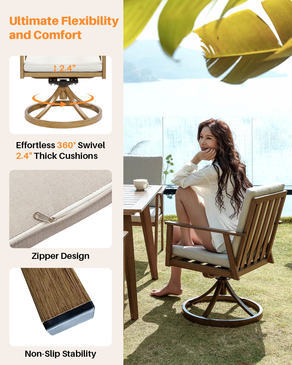 Seehill 9 Pieces Patio Furniture Outdoor Set, Outdoor Aluminum Outdoor Dining Table Set With 2 Swivel Chairs For Deck, Teak