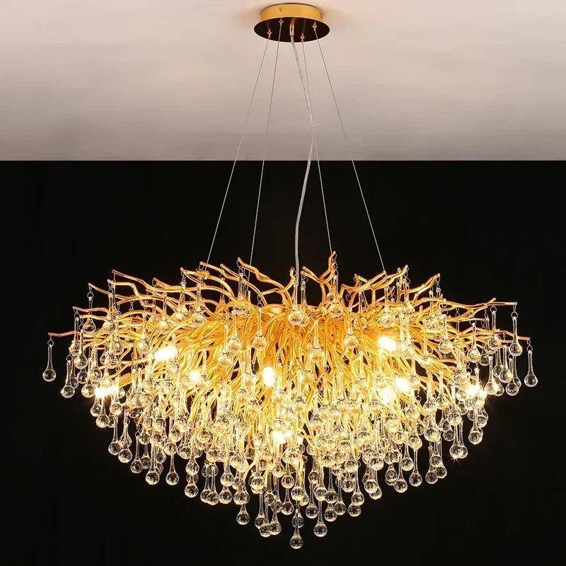 Luxurious Water Drop Golden Base Decorations for Home Light Tree Branch Customize Foyer Luxury Crystal Chandelier
