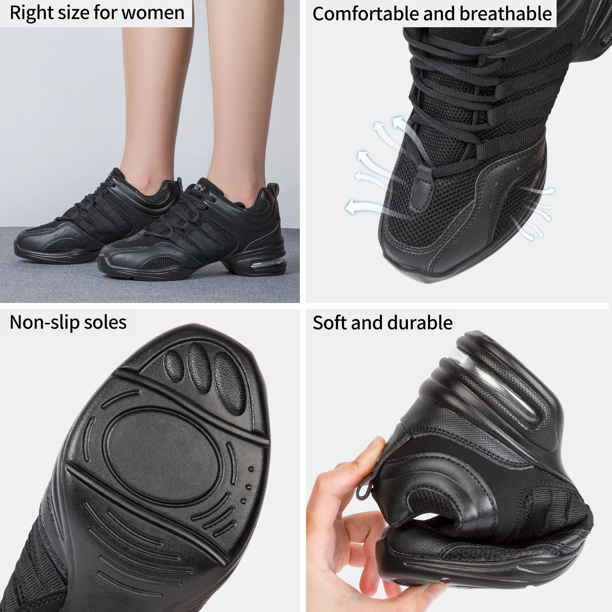 Dynadans Women's Dance Shoes Breathable Mesh Fabric Black Soft Soled Jazz Shoes Salsa Square Dance Modern Dance Shoes