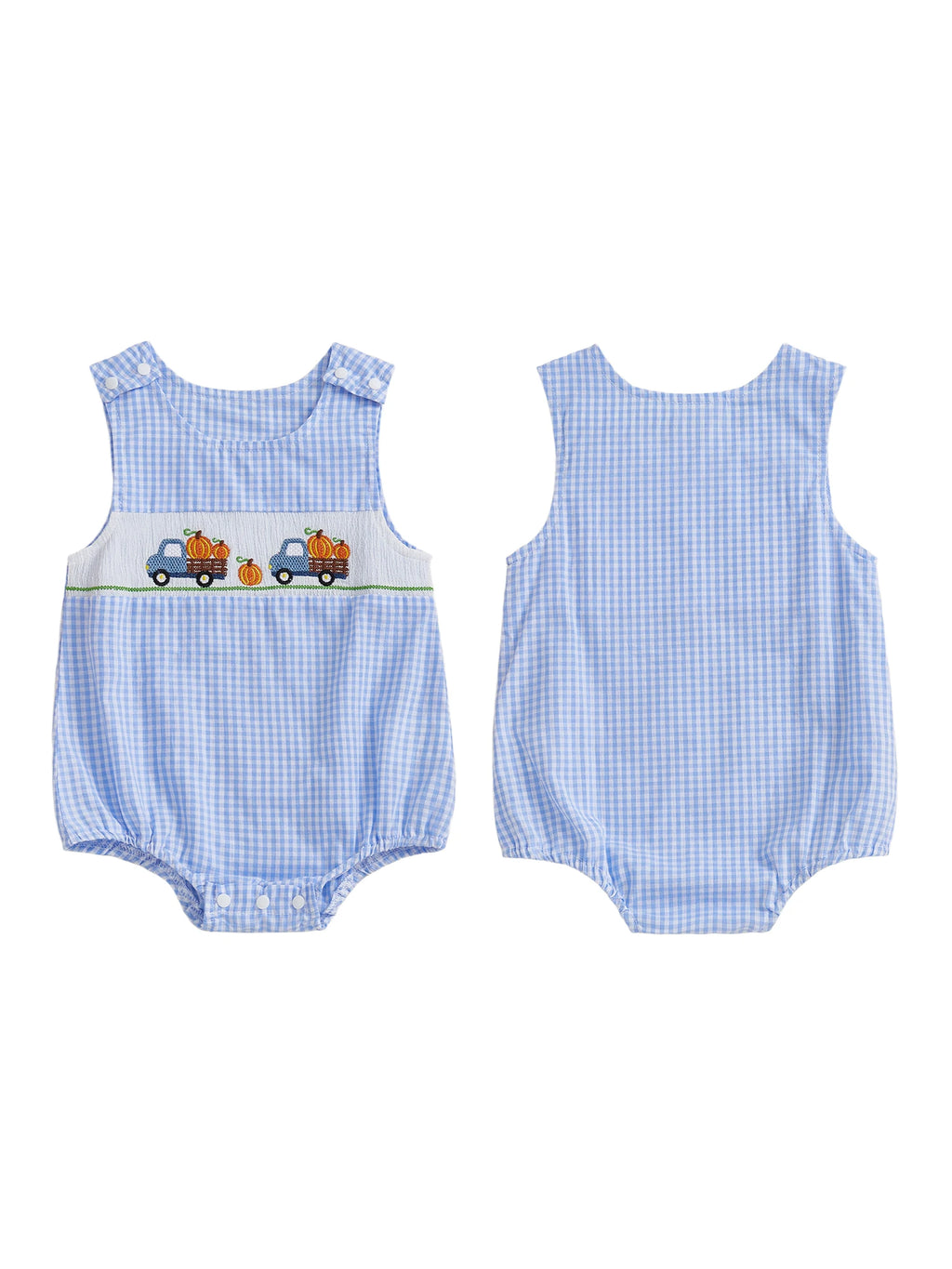 Toddler Boy Autumn Plaid Overall Thanksgiving Turkey and Cornucopia Embroidery Crew Neck Sleeveless Rompers