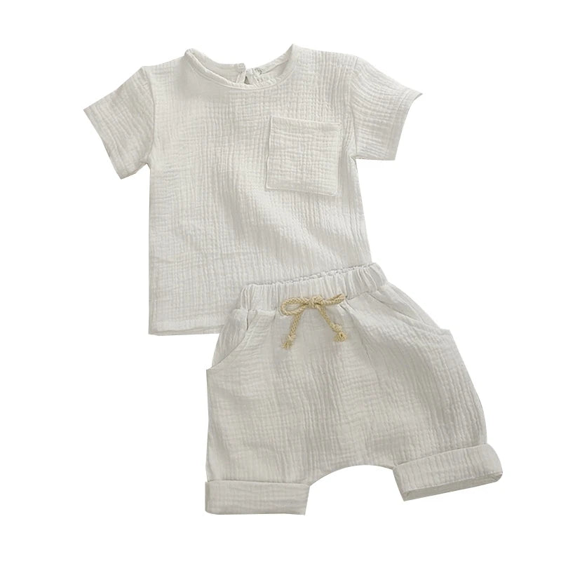 Baby Girls Boys Outfit Suit Cotton Linen Children Clothes Set Toddler Solid Casual T-shirt Kids Tops Summer Shorts Pants