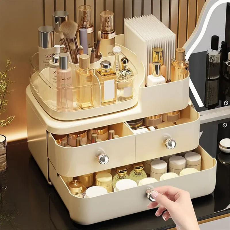Desktop Cosmetics Storage Box Drawer Style Compartmentalized Organizer Dustproof Cosmetic Storage Box with 360°Rotating Organize