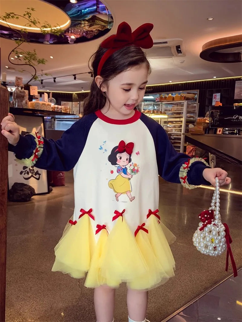 Girl's Fall/Winter Sweatshirt Long Sleeve Princess Elsa Snow White Cartoon Print Tulle Skirt Casual Hoodie Dress 2-12 Years Old
