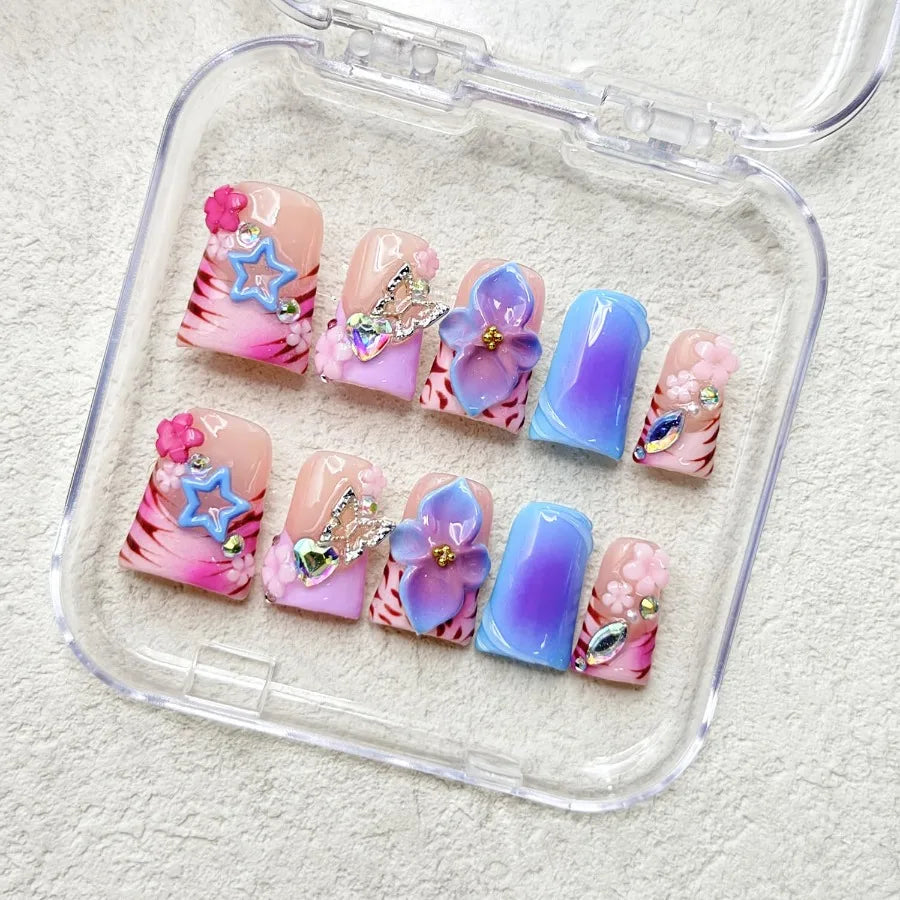 Thick Press on Nails Handmade Medium Duck Nails Pink Fake Nails 3D Flower Art False Nail with Gems Design Luxury Rhinestone Nat