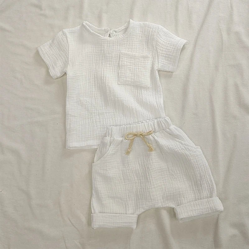 Baby Girls Boys Outfit Suit Cotton Linen Children Clothes Set Toddler Solid Casual T-shirt Kids Tops Summer Shorts Pants