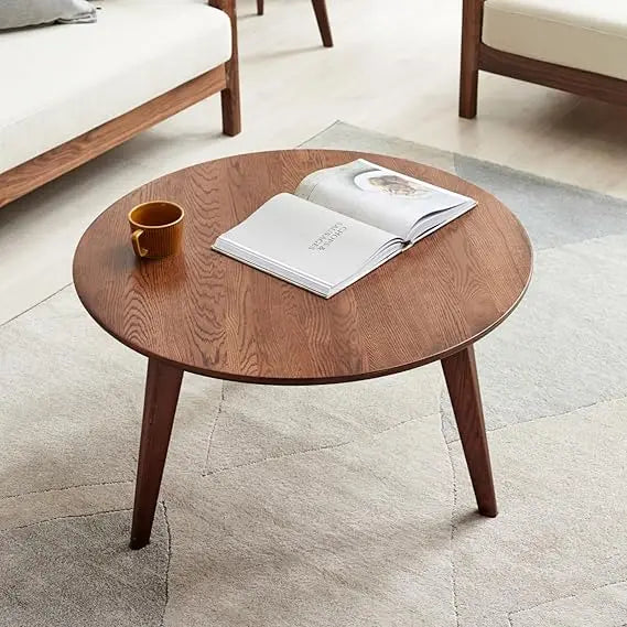 "100% Solid Oak Mini Coffee Table with Round Design and Walnut Finish for Home Use"