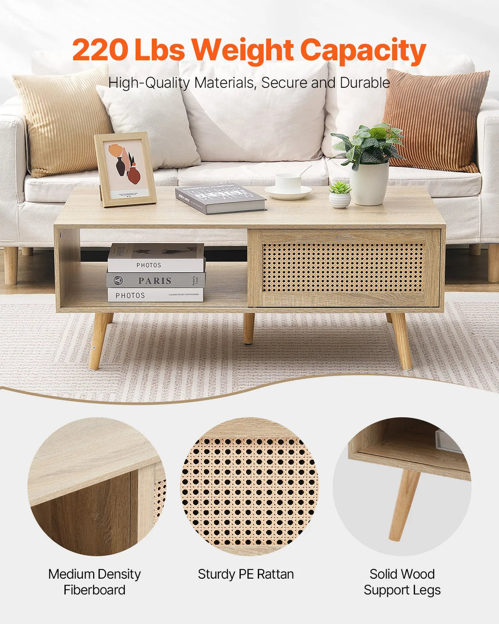 SucceBuy Rattan Coffee Table Rectangle Coffee Table 42-47in Modern Boho Style 2 Layers Storage Coffee Table for Home Bedroom