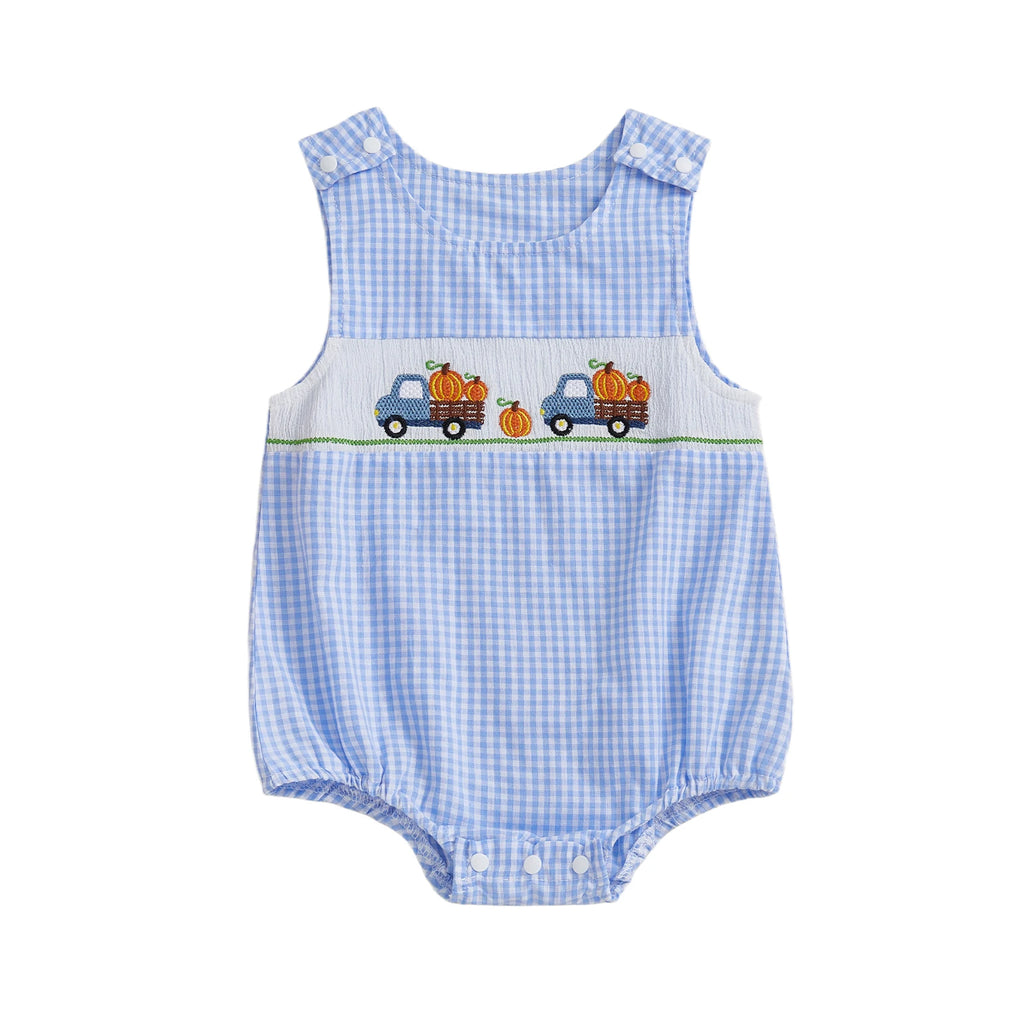 Toddler Boy Autumn Plaid Overall Thanksgiving Turkey and Cornucopia Embroidery Crew Neck Sleeveless Rompers