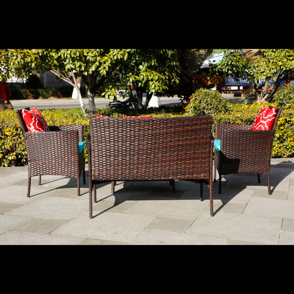 Four-Piece Sofa Set Table With Sofa Chair PE Rattan Outdoor Furniture HY4-001 Box *1 With Emerald Green Color Cushion