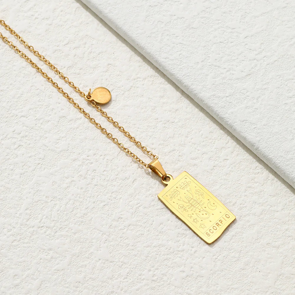Stainless Steel Square Tarot Card Pendant Women Necklace Twelve Constellations Gold-Plated Clavicle Chain Horoscope Gifts