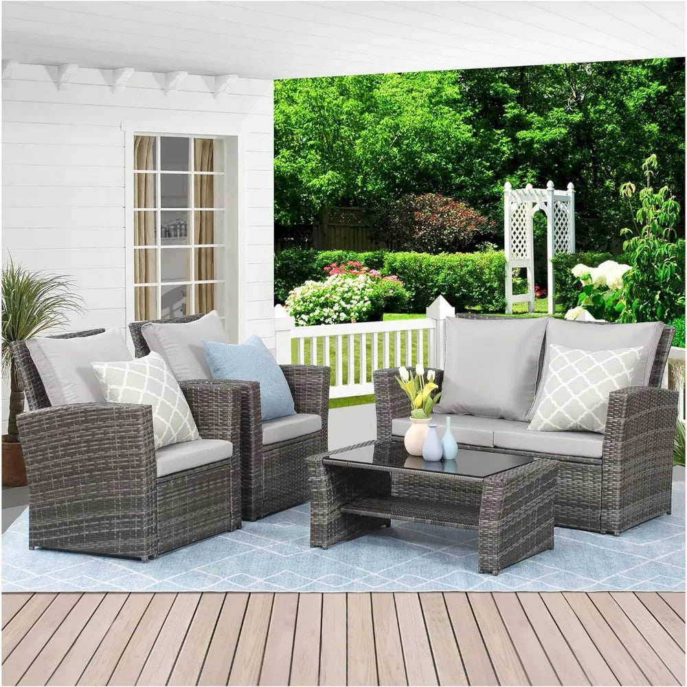 Gray Wicker Outdoor Patio Furniture Set, 4-Piece Conversation Area for Deck, Porch, with Cushioned Sofa Chairs