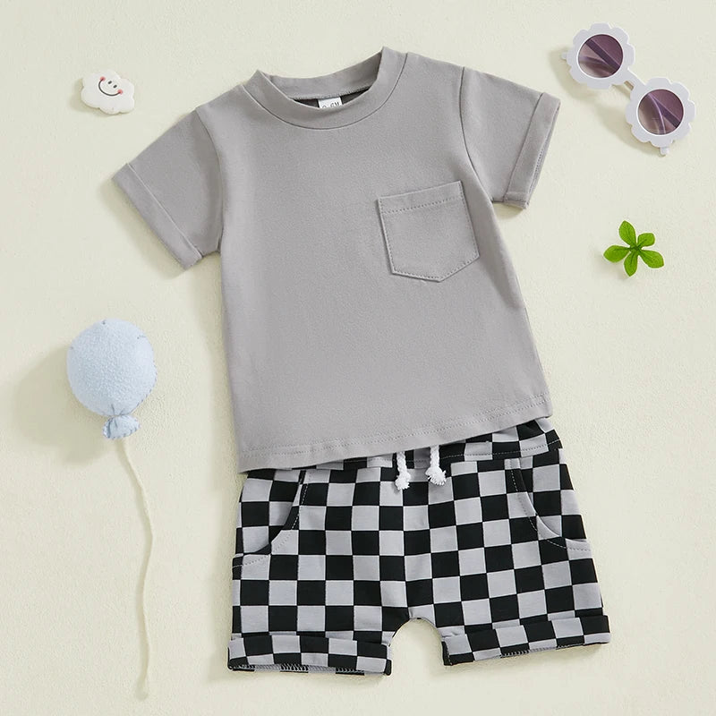 Cute Infant Boy Casual Wear Solid Color Tee and Plaid Shorts Set for Hot Weather 2 Piece Outfit for Toddlers