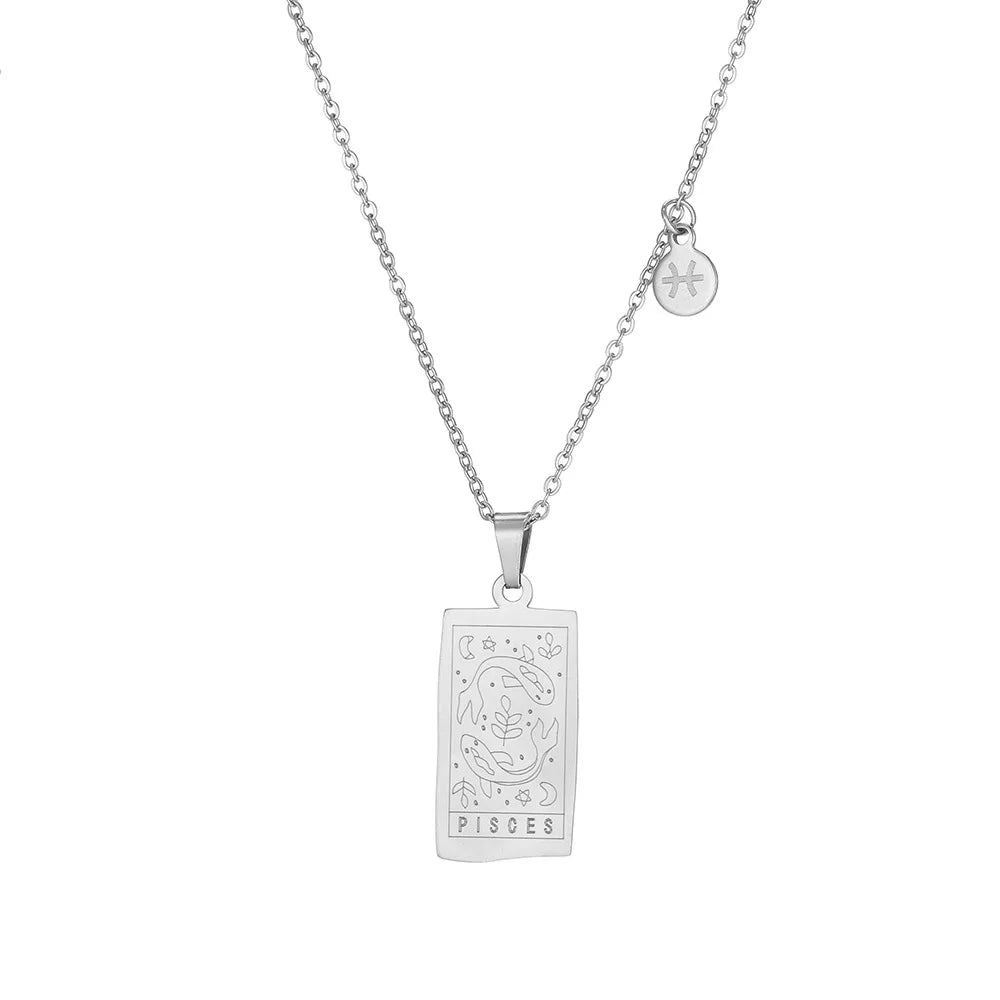 Stainless Steel Square Tarot Card Pendant Women Necklace Twelve Constellations Gold-Plated Clavicle Chain Horoscope Gifts