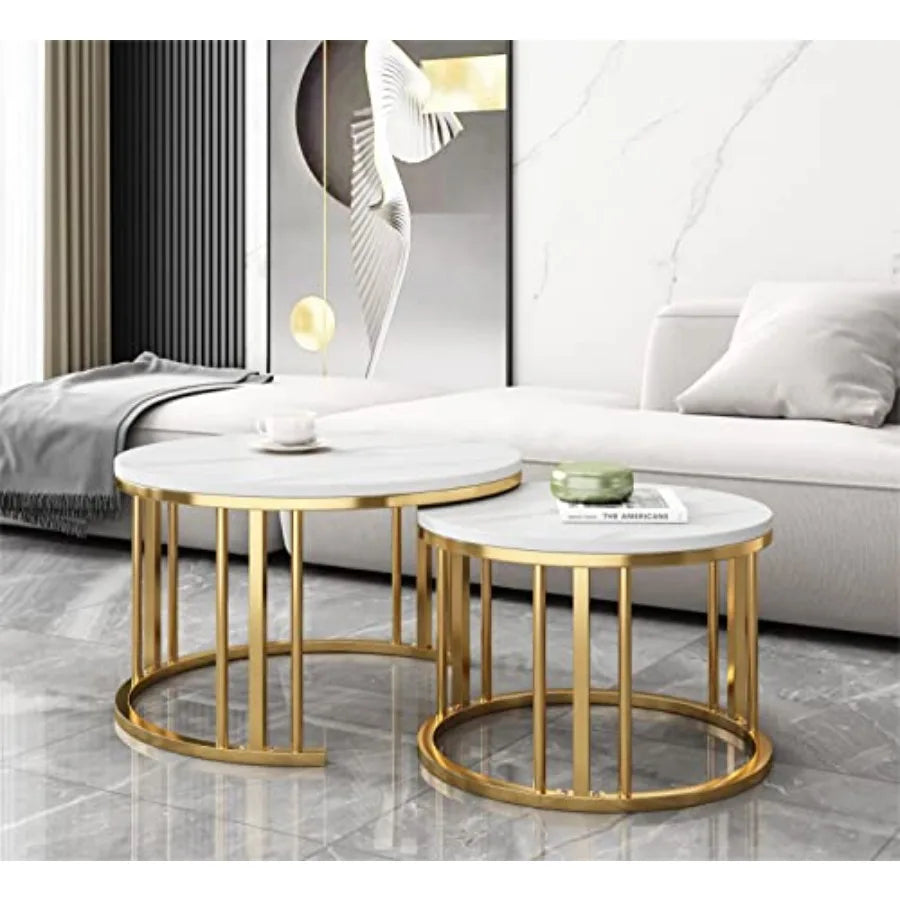 Round Nesting Coffee Table Set of 2 Modern Cocktail Table with Metal Frame for Living Room Small Spaces White and Gold Desktop