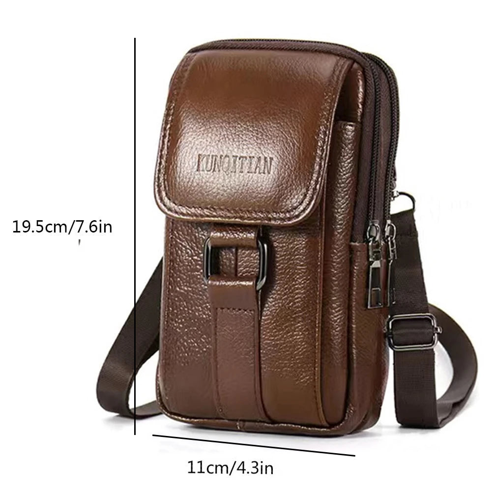 Portable Crossbody Bags Cowhide Leather Cell Phone Belt Pack Fashion Simple Multi-pockets Casual for Outdoor Sport