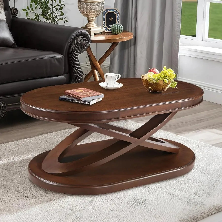 Oval Coffee Tables for Living Room 44 Inch Vintage Wood Walnut Coffee Table with Oval Base Traditiol and Unique XShaped Wooden