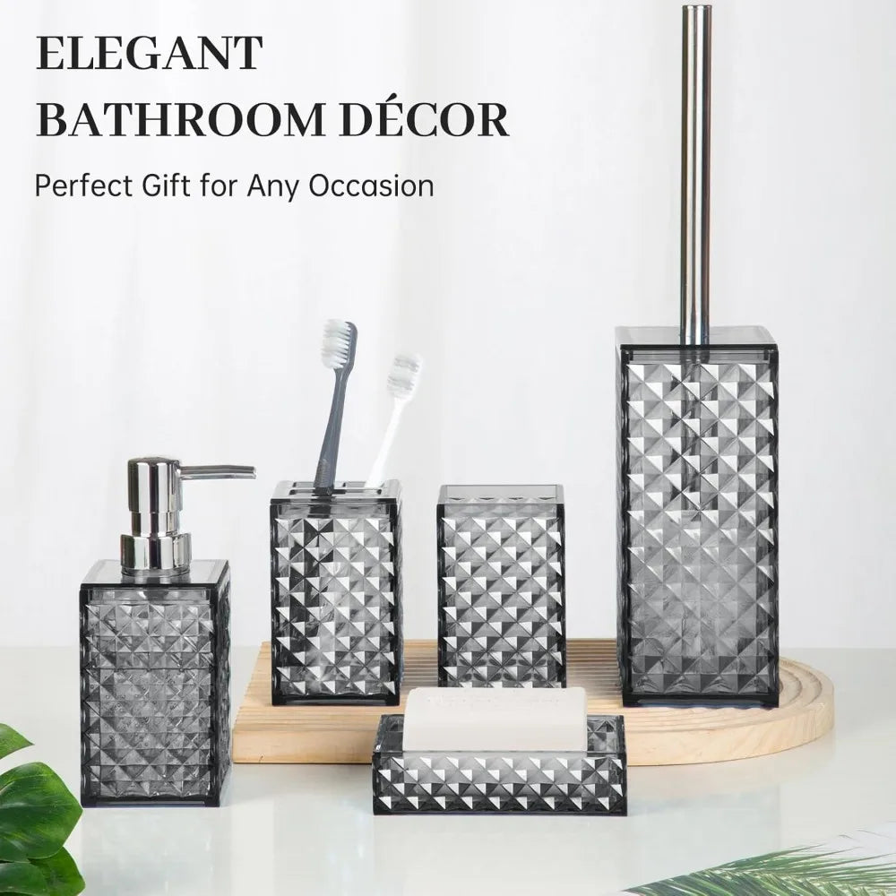bathroom accessory set, grid pattern 5 pcs plastic bathroom set include toilet bursh, soap dispenser, soap dish, toothbrush hold