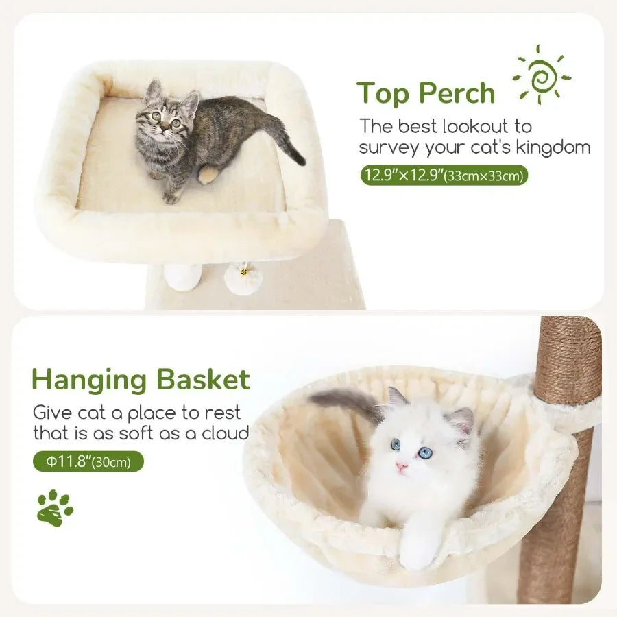 Large 70inch Tall Cat Tree Condo Tower with 4 Spacious Cat Condo Houses 3 Sisal Scratching Posts 2 Adjustable Hanging Baskets f